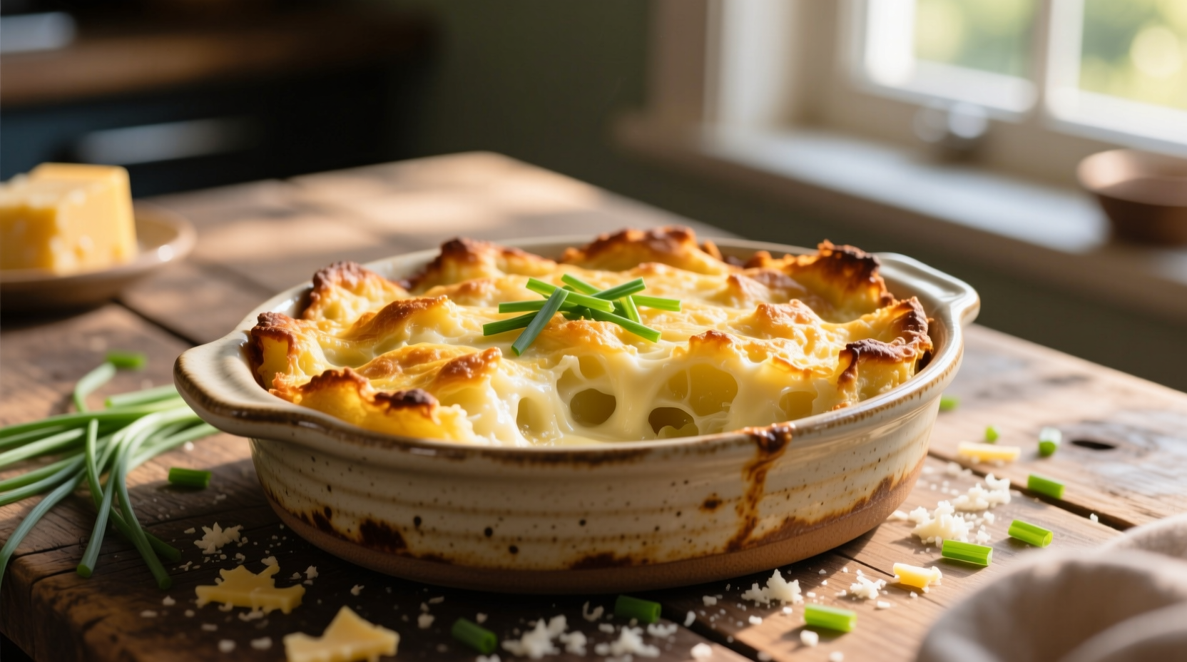 Golden potato cheddar and chive bake in ceramic dish