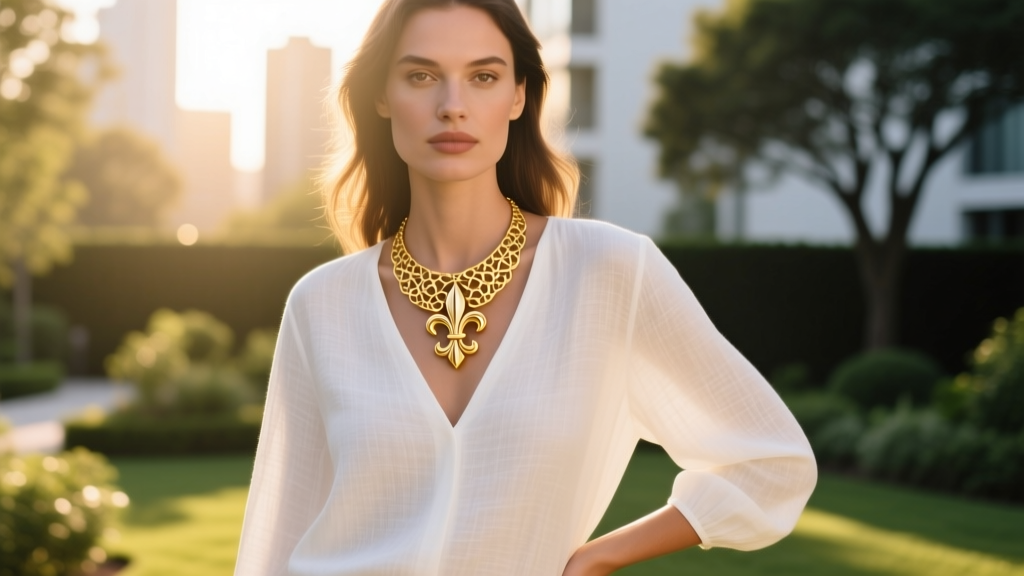 Woman wearing an 18-inch gold fleur de lis necklace with a white V-neck linen blouse, outdoors in natural golden hour sunlight.
