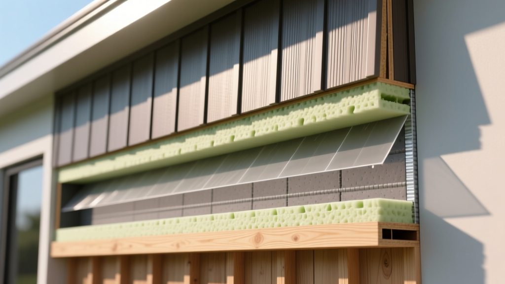Cutaway of energy-efficient wall showing insulated vinyl siding, rigid foam board, and weather-resistive membrane over wood sheathing.