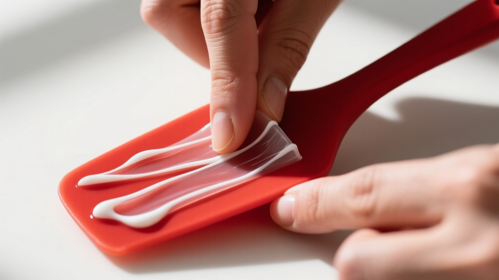 Close-up of hands performing the silicone pinch test on a bright red spatula, revealing white plastic filler streaks in the folded material