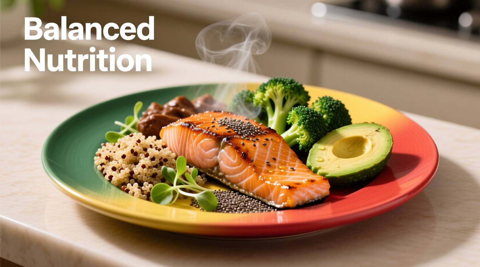 Colorful plate showing balanced macronutrient meal