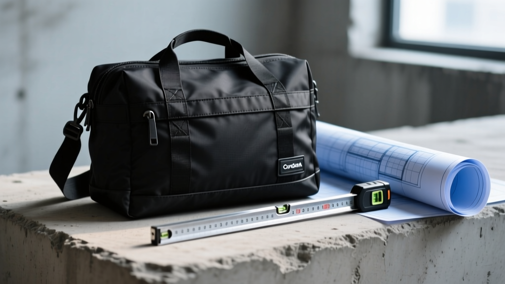 Close-up of a rugged architectural satchel made from black Cordura nylon resting on a dusty concrete slab next to a laser measure and blueprints