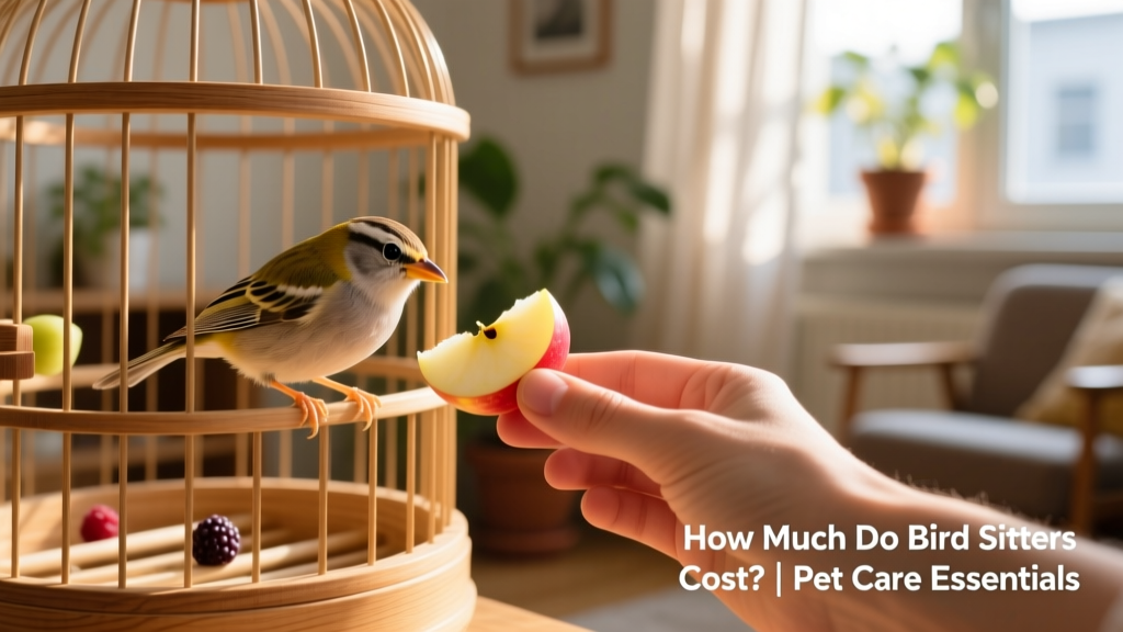 A gentle hand offering fresh food to a small bird in its cage