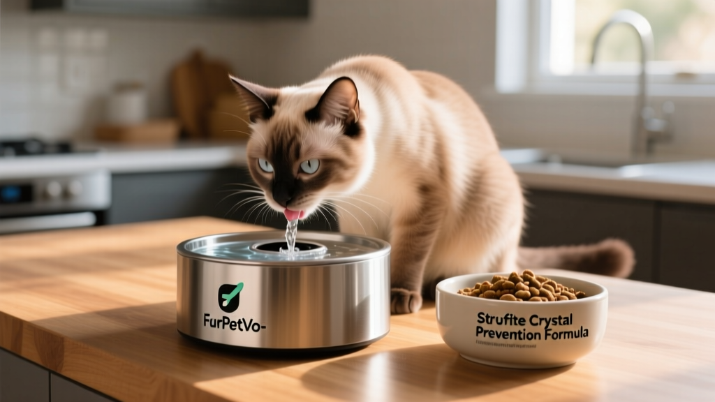 Cat drinking from a FurPetVo-branded pet water fountain next to a bowl of moist urinary-support food