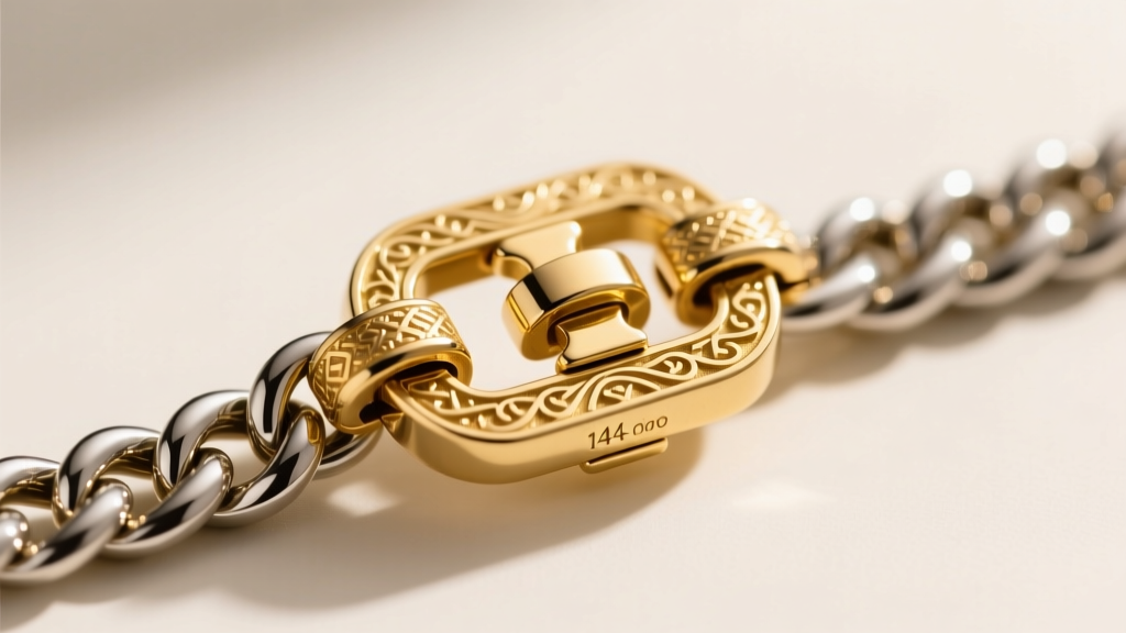 Macro shot of a 14k gold tongue-and-groove box clasp with a figure-8 safety latch, being fastened on a thick multi-strand chain.
