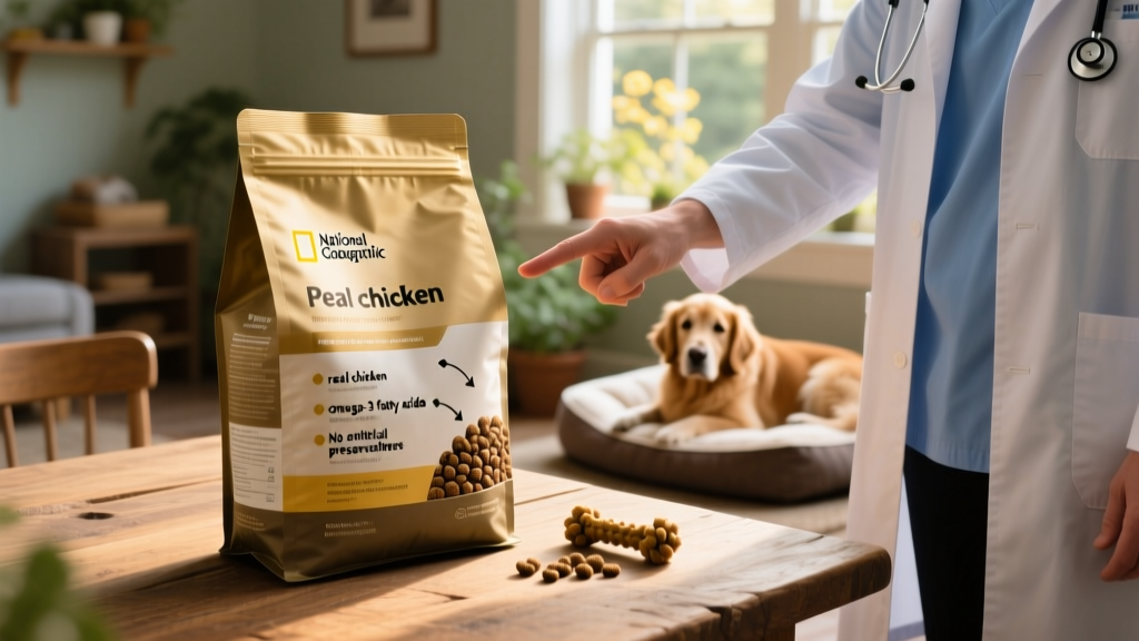 Close-up of a kibble bag with a highlighted ingredient list and a veterinarian pointing to key components