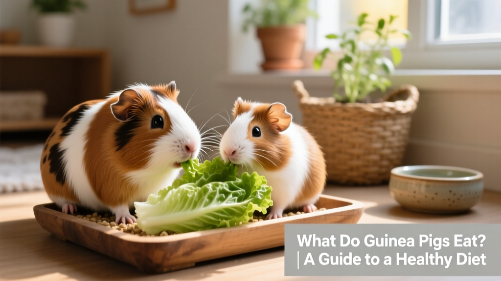 Brown and white guinea pigs eating a head of romaine lettuce together
