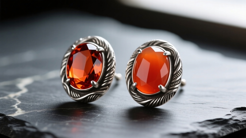 Close-up of polished orange-red carnelian cabochon earrings set in oxidized sterling silver bezels, resting on dark slate.