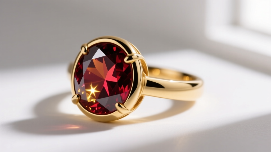 Close-up of 14k yellow gold bezel-set star garnet ring, highlighting the high-dome cabochon cut and thick protective metal rim.