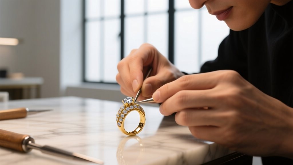 Jeweler's loupe examining purple vitreous enamel inlay on a gold Hakaishin symbol drop earring under bright studio lighting.