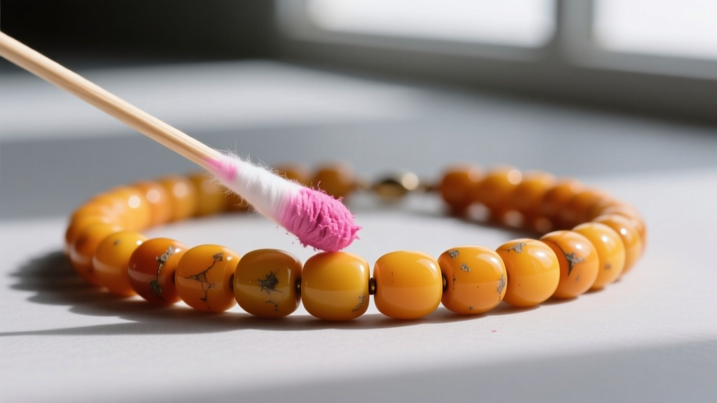 Cotton swab showing pink residue from a Simichrome polish test on a hidden area of a vintage yellow-orange bakelite bead necklace.