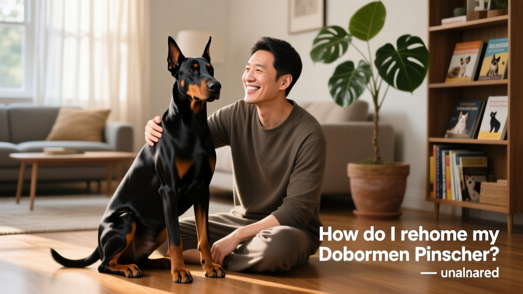 A calm, well-groomed Doberman Pinscher sitting beside a smiling adult in a sunlit living room