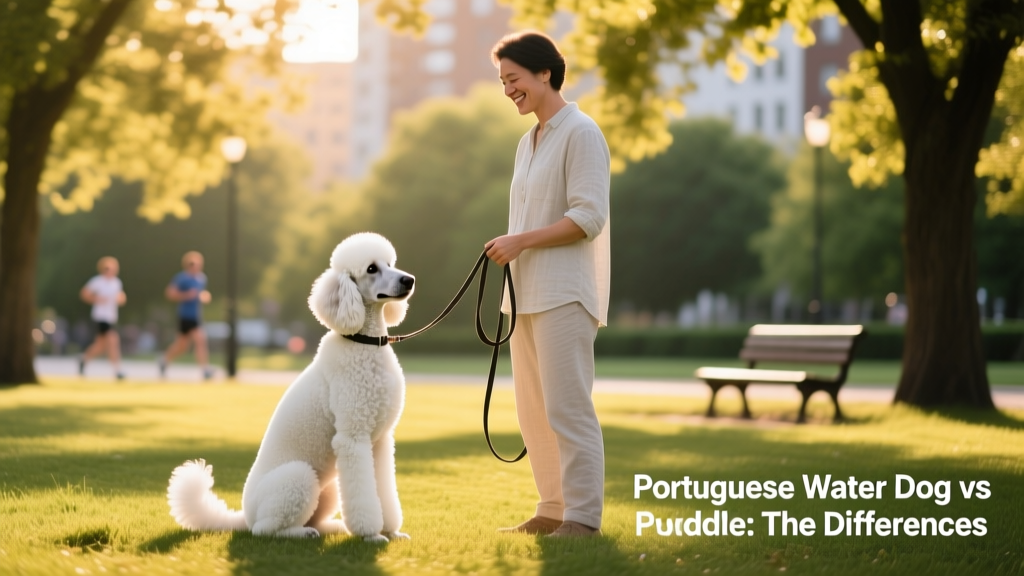 A calm, focused Poodle sitting attentively beside its owner during an obedience training session in a sunlit park