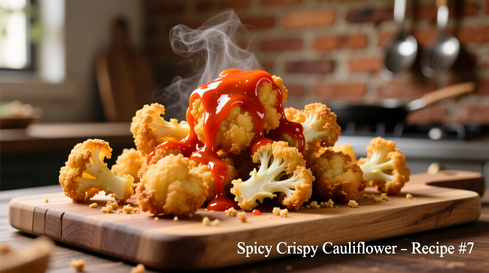 Crispy battered cauliflower pieces with spicy sauce drizzle