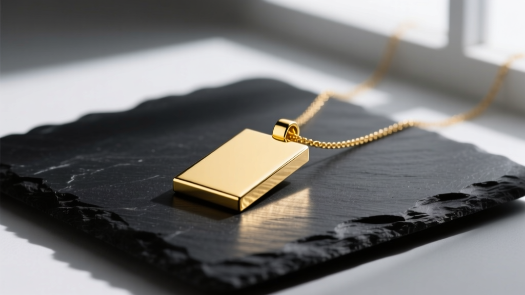 14k yellow gold rectangular pendant necklace on dark slate, highlighting crisp 90-degree corners and brilliant surface reflection.