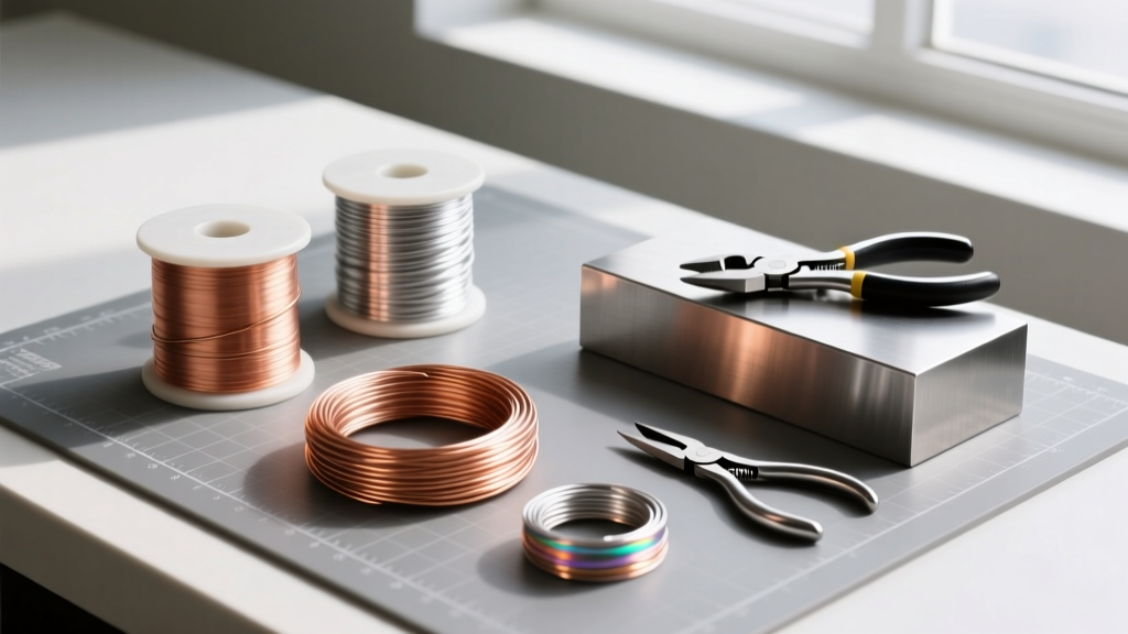 Spools of copper, silver, and niobium jewelry wire resting next to flush cutters and a steel bench block on a gray cutting mat.