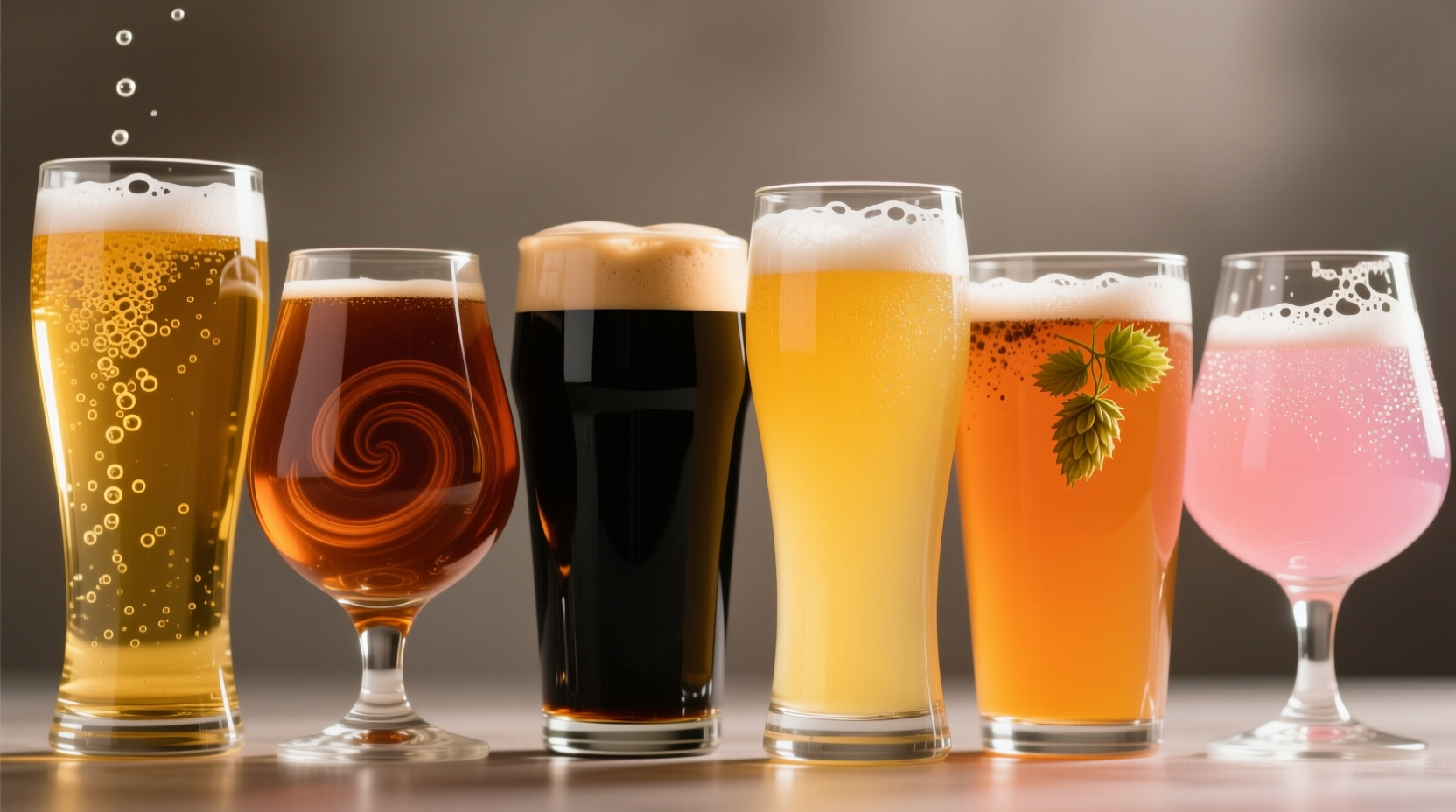 Close-up of various beer styles in glasses showing color differences