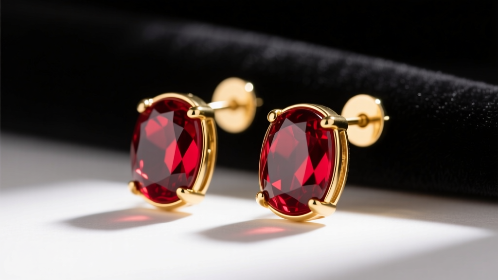 Macro shot of vintage Givenchy gold-tone clip-on earrings with ruby-red Gripoix glass cabochons on dark velvet.