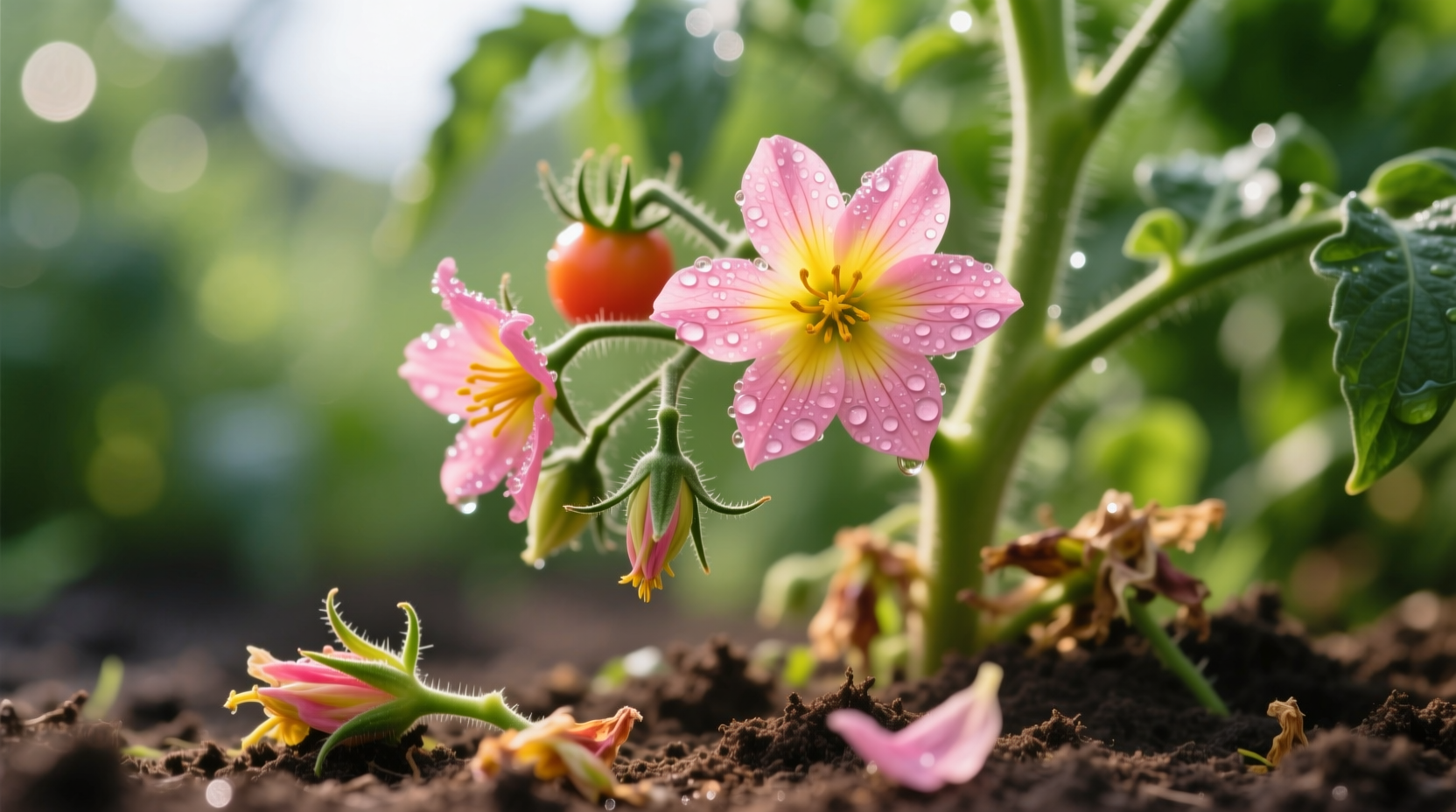 Close-up of tomato plant showing healthy blooms and fallen flowers