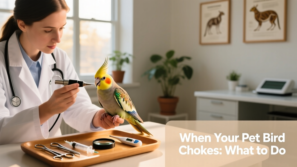 Veterinarian gently holding a small bird during a clinical examination, with medical tools visible nearby
