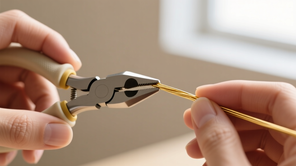 Close-up of hands using nylon-jaw pliers to straighten 14-karat gold-filled wire without scratching the soft metal surface.