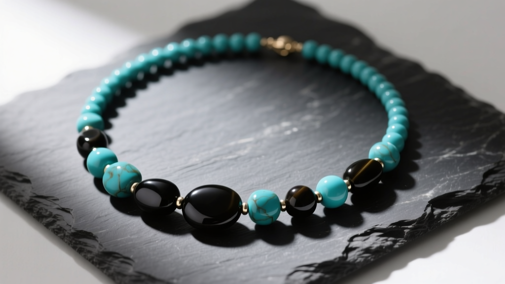 Overhead shot of a finished beaded stone necklace featuring matte onyx and turquoise, resting on a dark slate surface.