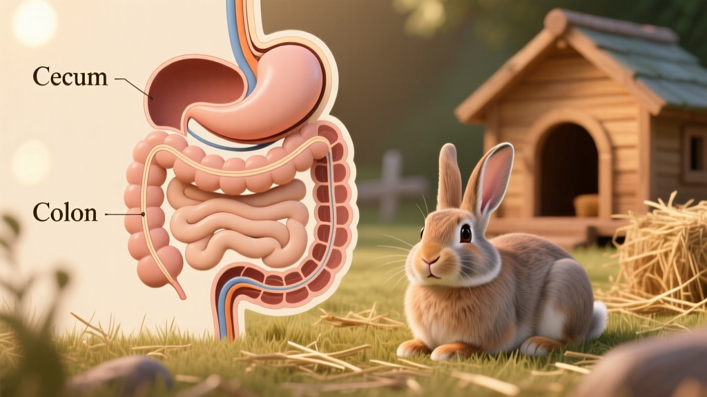 Illustration showing rabbit digestive anatomy with emphasis on cecum and colon
