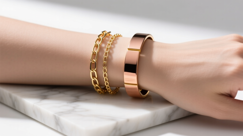 A wrist styled with a 14k gold filled paperclip chain bracelet layered with a sleek, polished copper and gold bangle on a marble slab