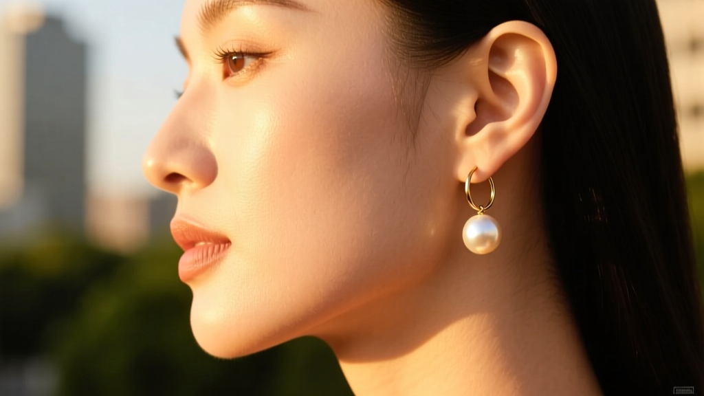 Side profile of a woman wearing an 8mm huggie hoop with a dangling pearl ball on her upper lobe in warm golden hour sunlight.