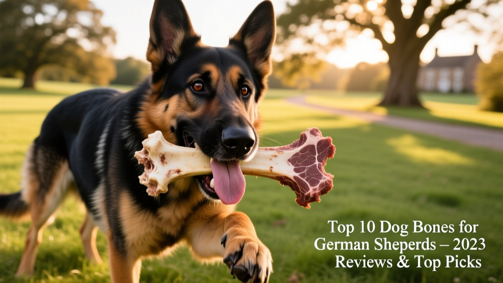 German Shepherd happily chewing a large, natural beef bone outdoors