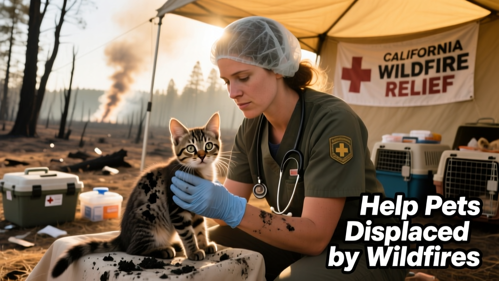 Veterinarian examining a kitten with soot-streaked fur during on-site triage