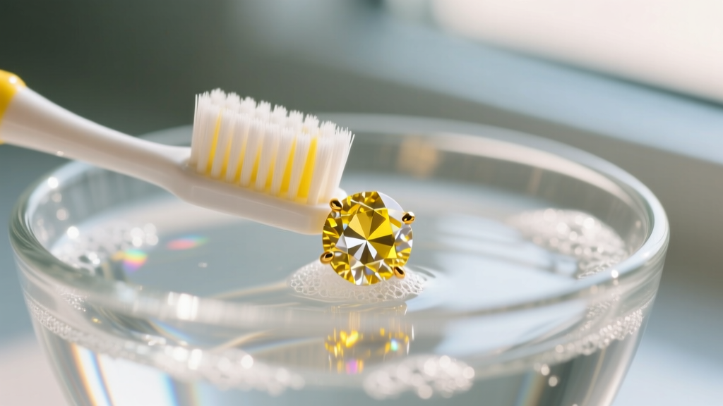 Soft toothbrush gently scrubbing the pavilion of a yellow diamond earring submerged in a glass bowl of soapy distilled water.