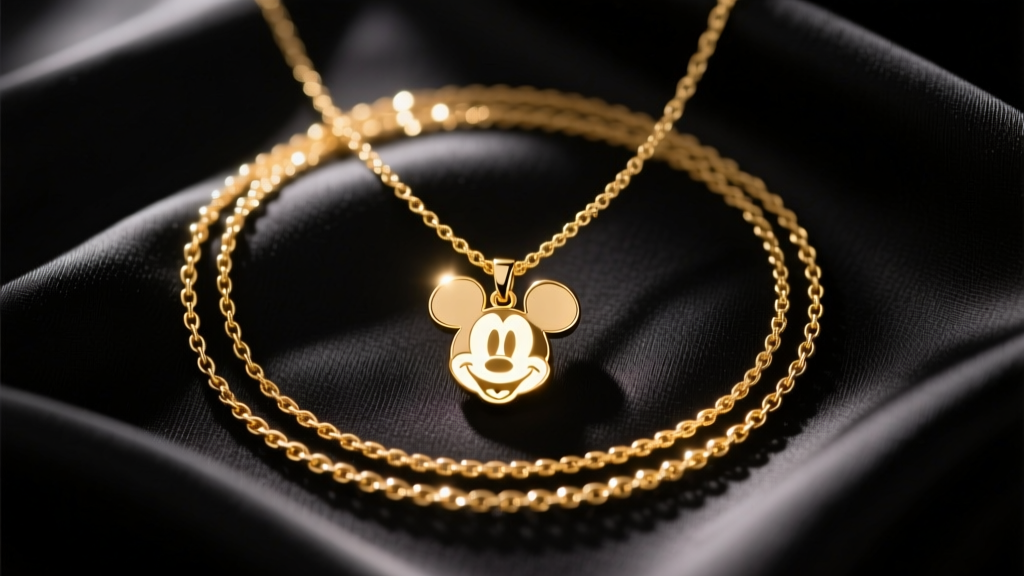 Flat lay styling of a delicate gold chain layering setup with a glowing Mickey Mouse silhouette pendant on dark silk fabric