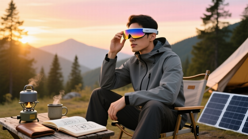 A tech enthusiast adjusting an electrochromic visor attachment on AR smart glasses while sitting at an outdoor campsite during golden hour.