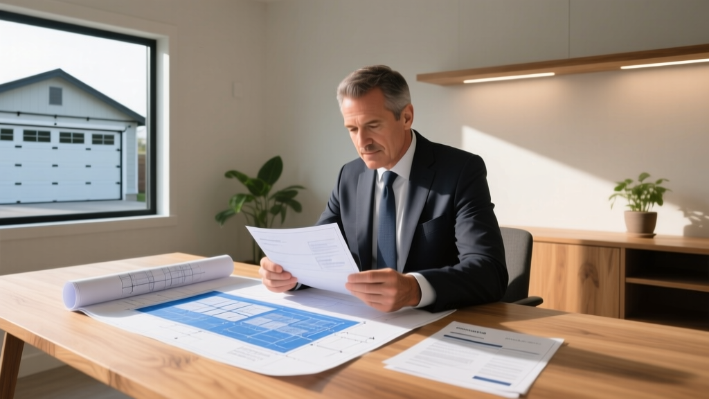 Financial advisor reviewing blueprints and loan documents for a detached single-car garage construction project on a wooden desk