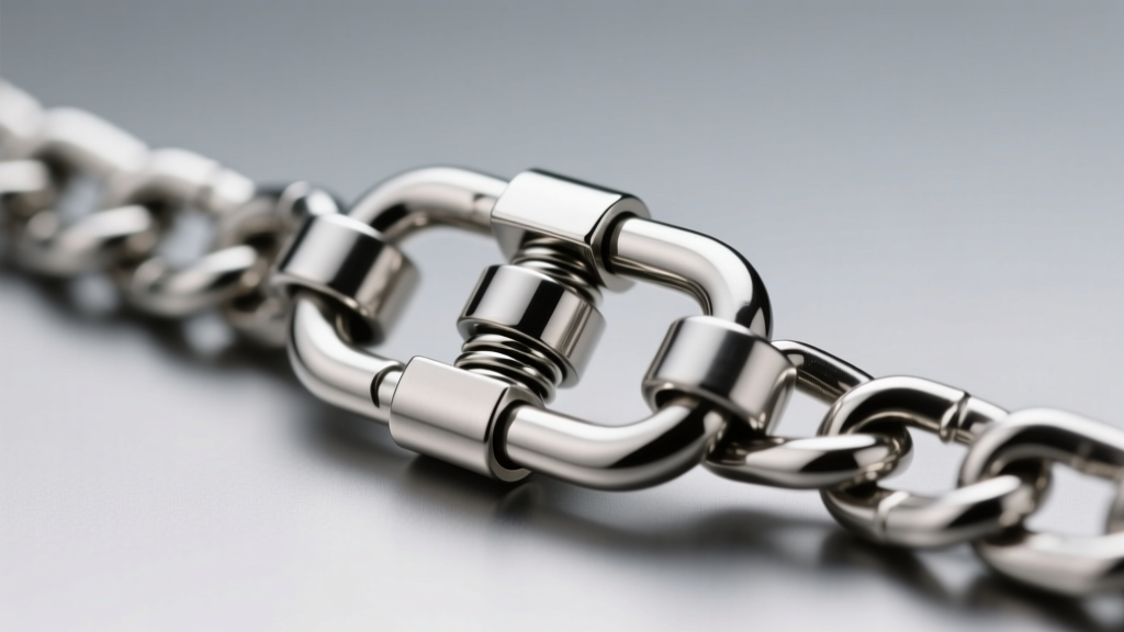 Macro shot of heavy-duty 316L stainless steel lobster clasp on a 5mm Cuban link chain, highlighting the secure locking mechanism.