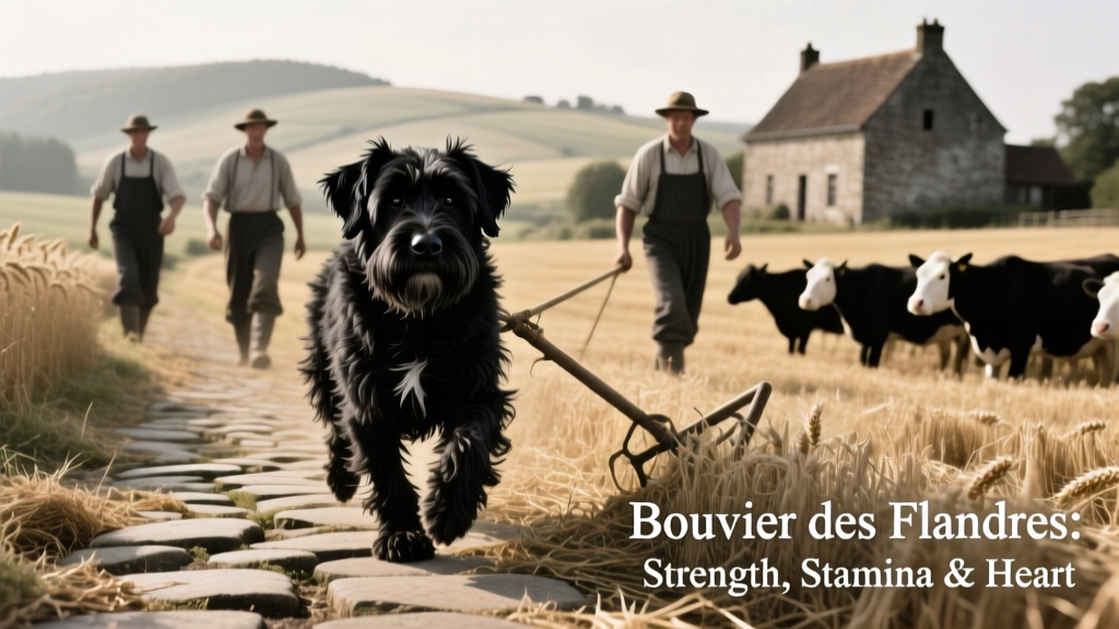 Historical black-and-white photo showing a Bouvier des Flandres working alongside farmers in a rural Belgian field