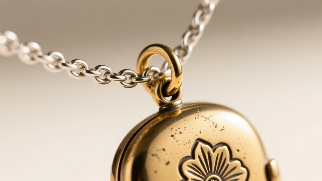 Macro photography of a 1.5mm sterling silver rolo chain attached to a brass locket pendant with a 5mm jump ring