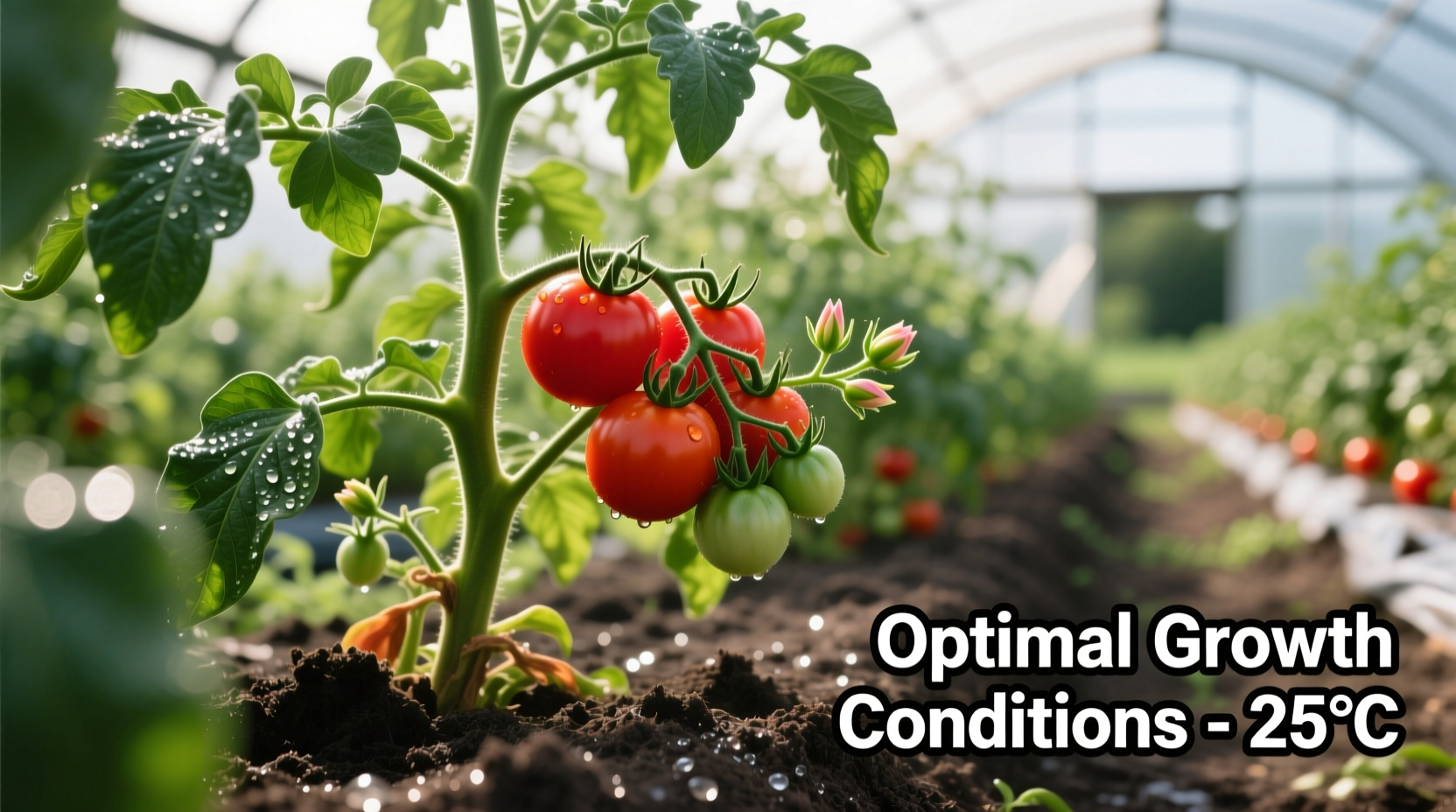 Tomato plants showing healthy growth in optimal temperature conditions