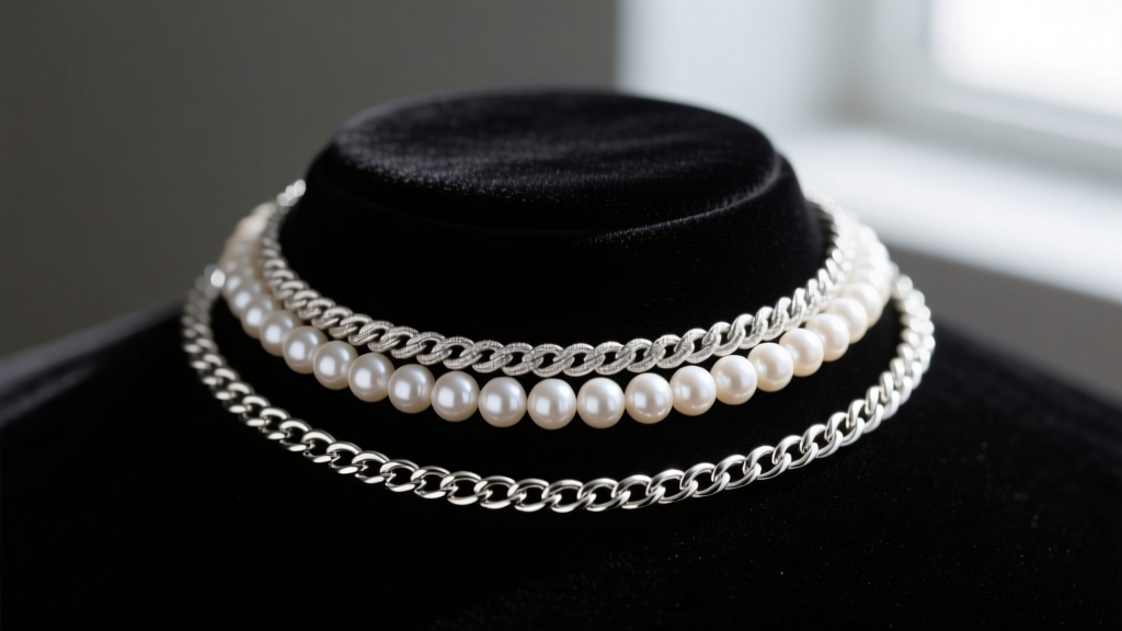 Macro shot of a layered stack featuring a 5mm pearl strand and an 8mm rhodium-plated silver rope chain on dark velvet.
