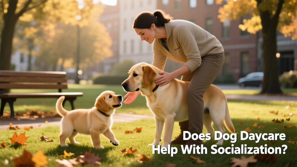 A trainer guiding a puppy through gentle, one-on-one interaction with a calm adult dog in a quiet outdoor space