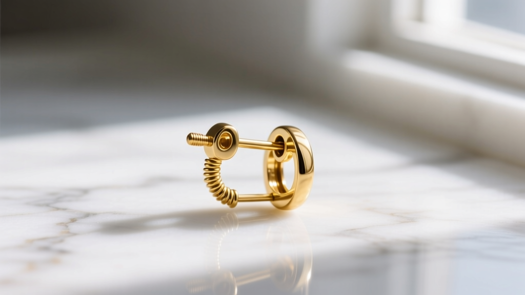 Macro photography of a gold la pousette earring clutch locking mechanism on a 20-gauge post, placed on a white marble surface
