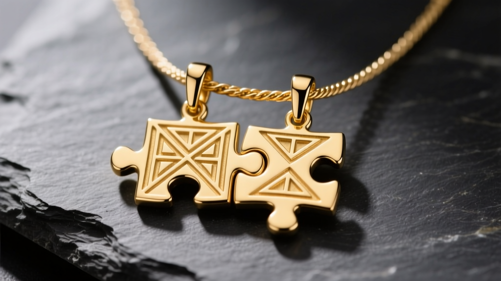 Macro shot of two interlocking 14k solid gold puzzle piece pendants on a 1.2mm cable chain, resting on dark slate stone surface.