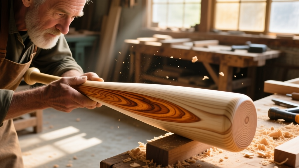 Close-up of a woodworker inspecting the tight grain patterns on a turned rock maple baseball bat billet in a dusty, sunlit workshop
