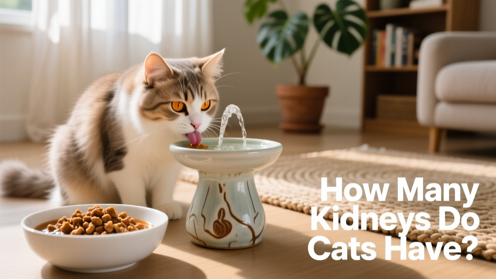Cat comfortably drinking from a ceramic pet fountain next to a bowl of high-quality wet food