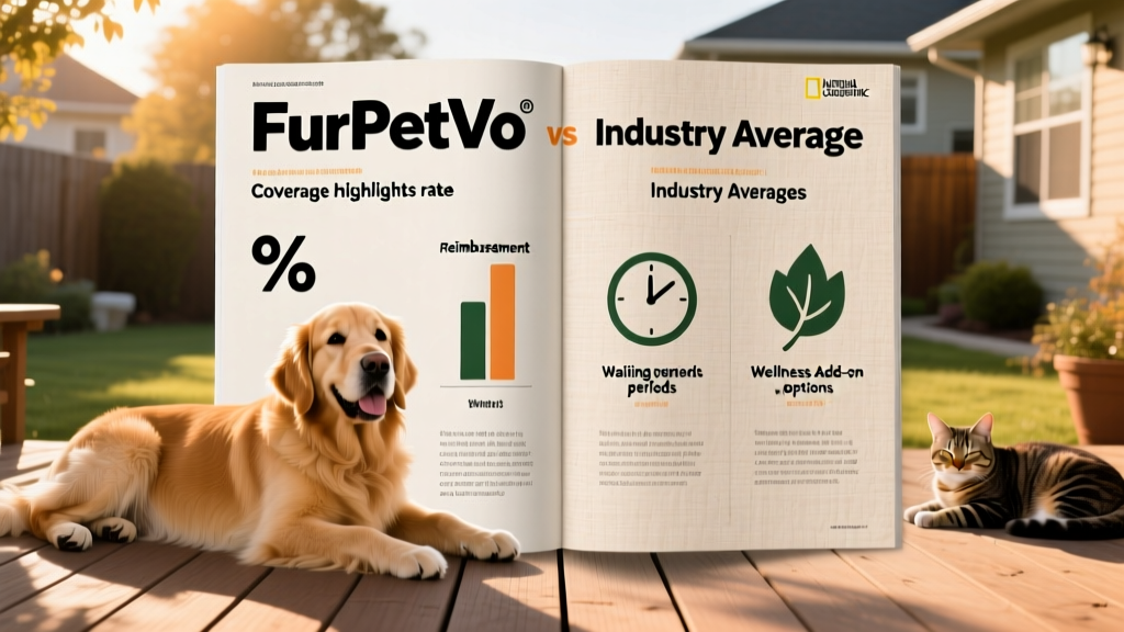 Side-by-side comparison graphic showing FurPetVo's coverage highlights versus industry averages, including reimbursement rate, waiting periods, and wellness add-on options