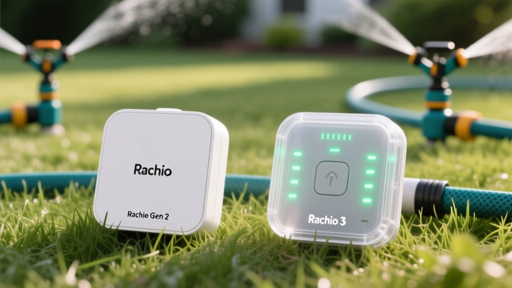 Side-by-side physical comparison of the Rachio Gen 2 solid white faceplate and the Rachio 3 translucent LED status faceplate