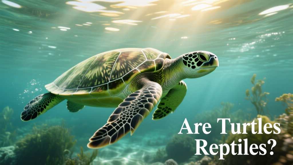 Side view of a green sea turtle swimming underwater, showing its streamlined shell and flippers
