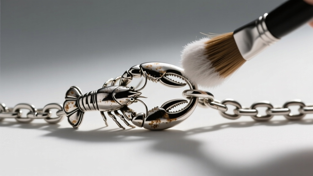 Macro shot of a sterling silver lobster clasp on a 50cm chain, showing tarnish gently brushed away with a soft tool.