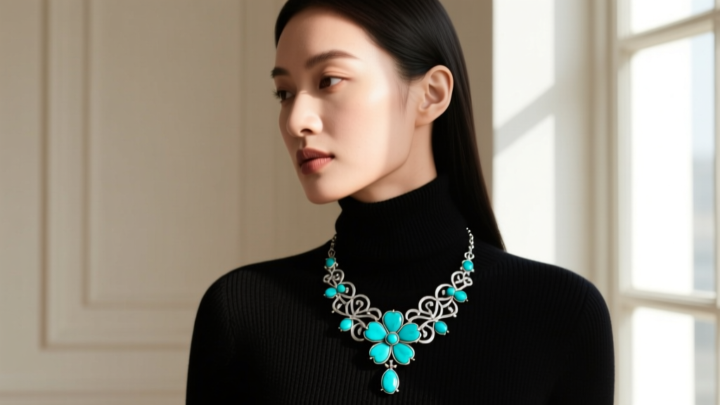 Woman wearing a medium-weight turquoise squash blossom necklace over a dark turtleneck, highlighting the striking silver contrast